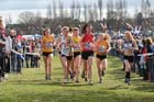 2162 Jessica Judd, 2220 Alex Clay, 2049 Rebecca Murray, 2471 Jenny Nesbitt, 2474 Rebecca Straw leaders in the Under-17 Women, McCain Inter Counties Cross Country, Cofton Park, Birmingham.